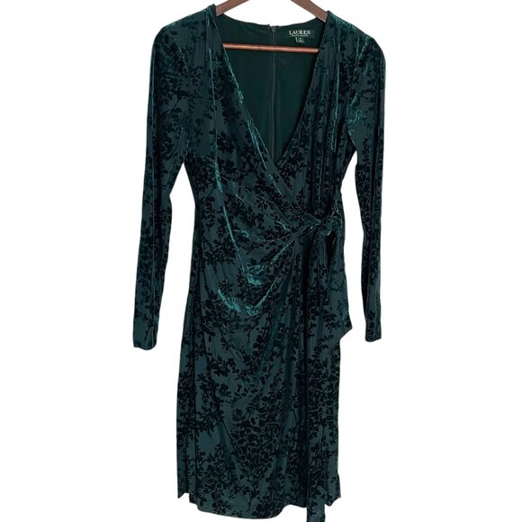 LRL Ralph Lauren Wrap Sheath Dress 6 Emerald Green Flocked Burnout Velvet Floral - Picture 1 of 6